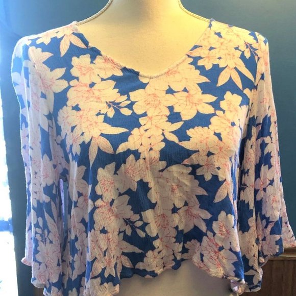 Floral Gauze Baby Top, Ivory Blue
